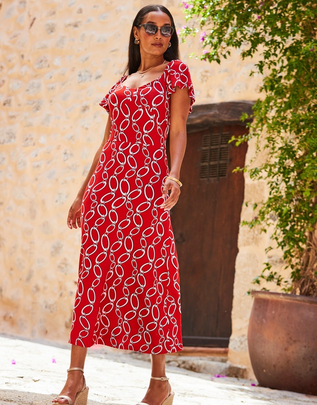 Sosandar - Chain Print Angel Sleeve Fit & Flare Midi Jersey Dress