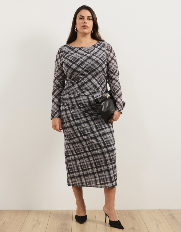 Atmos&Here Curvy - Ada Check Printed Mesh Long Sleeve Dress
