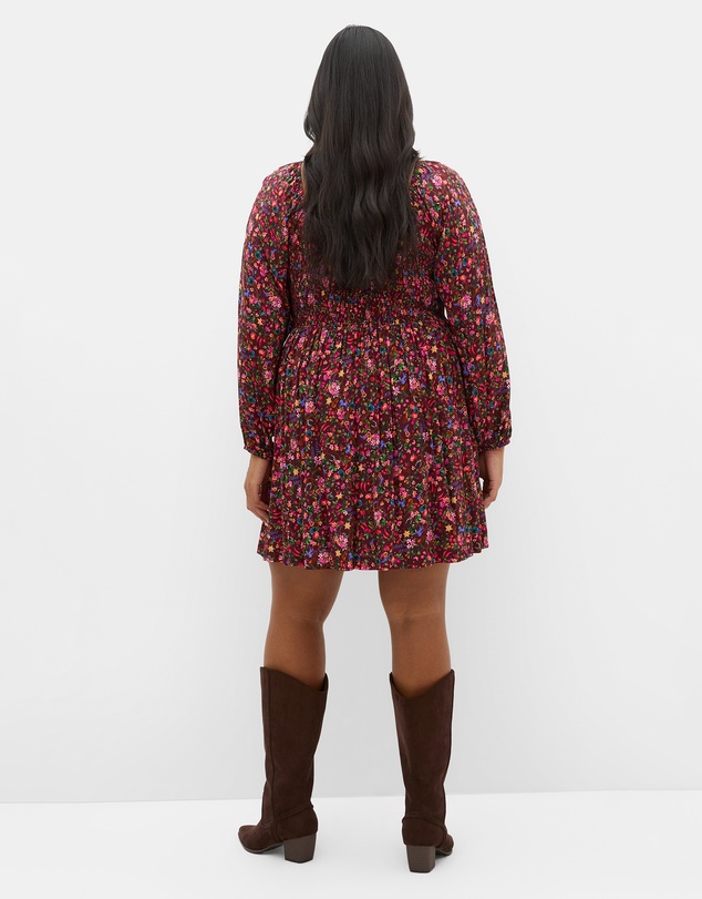 City Chic - Plus size Aire Ditsy Print Long Sleeve Mini Dress - choc cherry