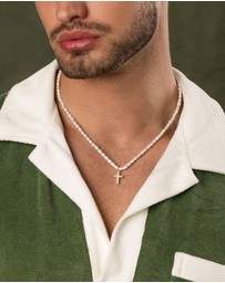 Nialaya Jewellery - Men's Mini Pearl Choker with Cross