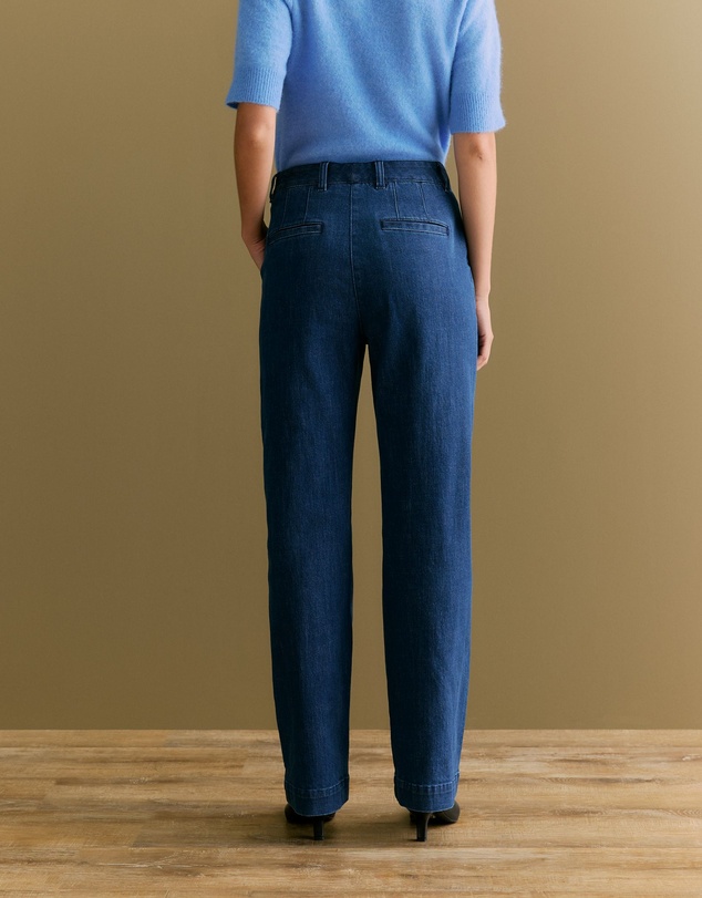 Trenery - Australian Cotton Blend Denim Pintuck Pant in Mid Blue Denim
