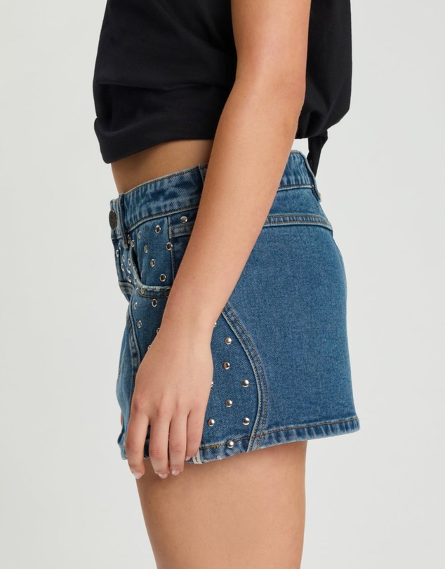 ONE TEASPOON - Chrome Edge Low Waist Studded Mini Denim Skirt - Eclipse Blue