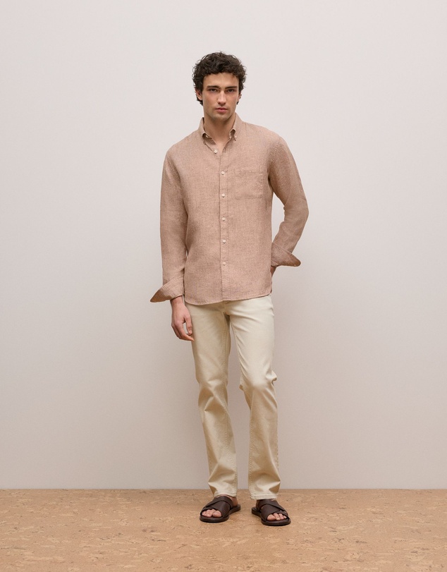 Trenery - Regular Fit Yarn Dyed Linen Grid Shirt in Camel