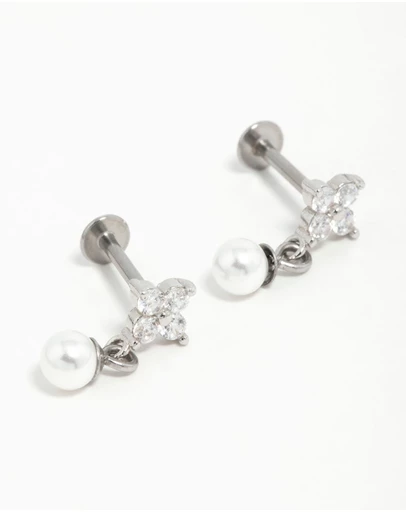 Lovisa - Surgical Steel Pearl Cubic Zirconia Flower Flat Back Earrings