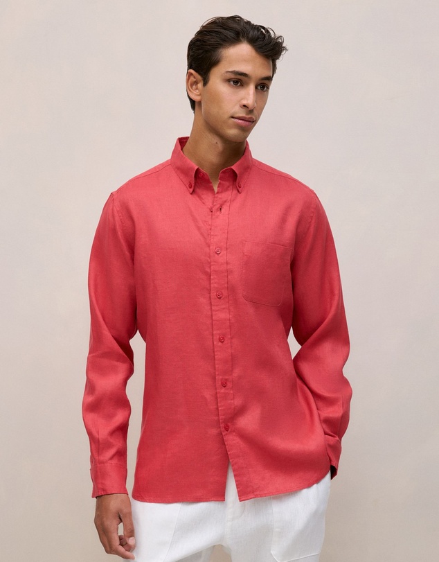 Trenery - Regular Fit Linen Classic Long Sleeve Shirt in Crimson