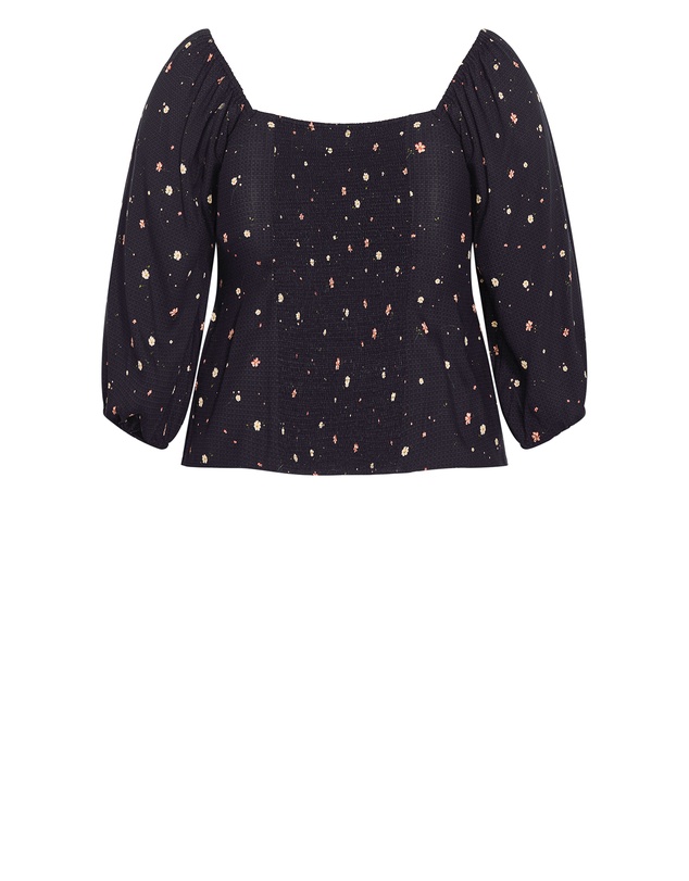 City Chic - Plus size Daydreamer Elbow Sleeve Ditsy Print Top - navy