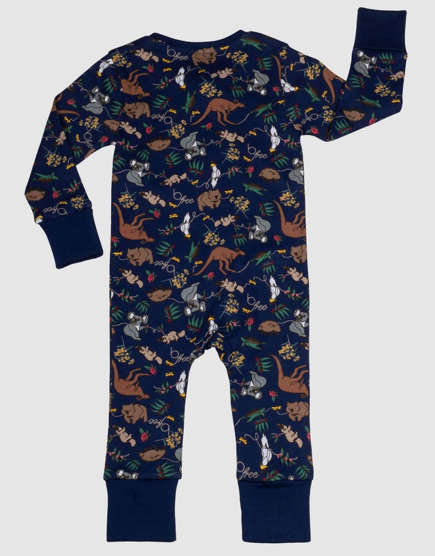 B Free Intimate Apparel - 100% Organic 2-Way Zip Sleepsuit - Baby & Toddler Navy Native Aussie Animals