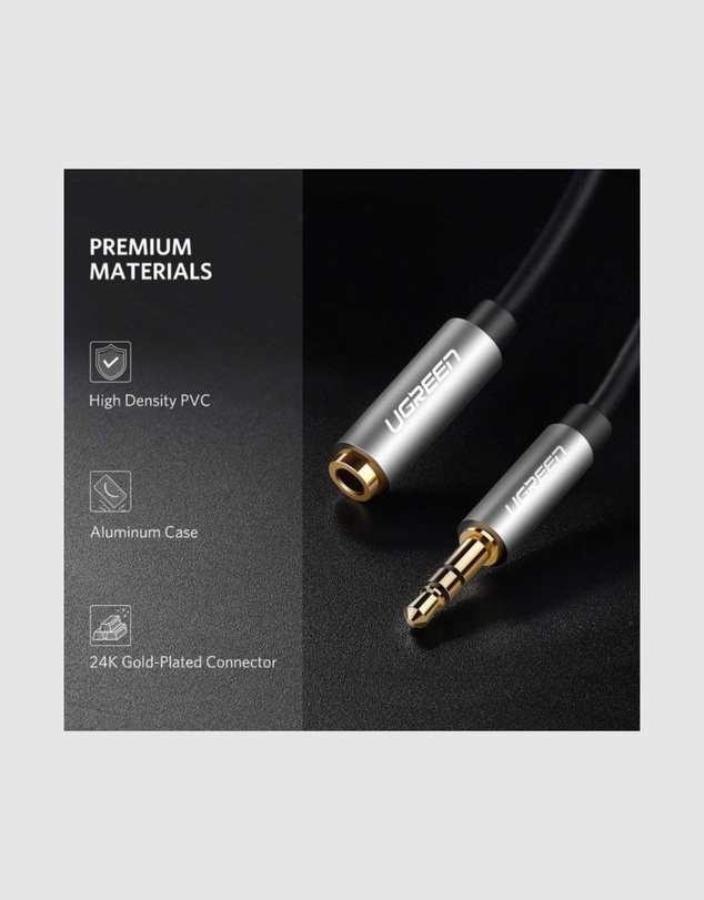 Ugreen - UGREEN 3.5mm Male to Female Audio Extension Cable – 3m Black Aluminum Alloy Tangle-Free