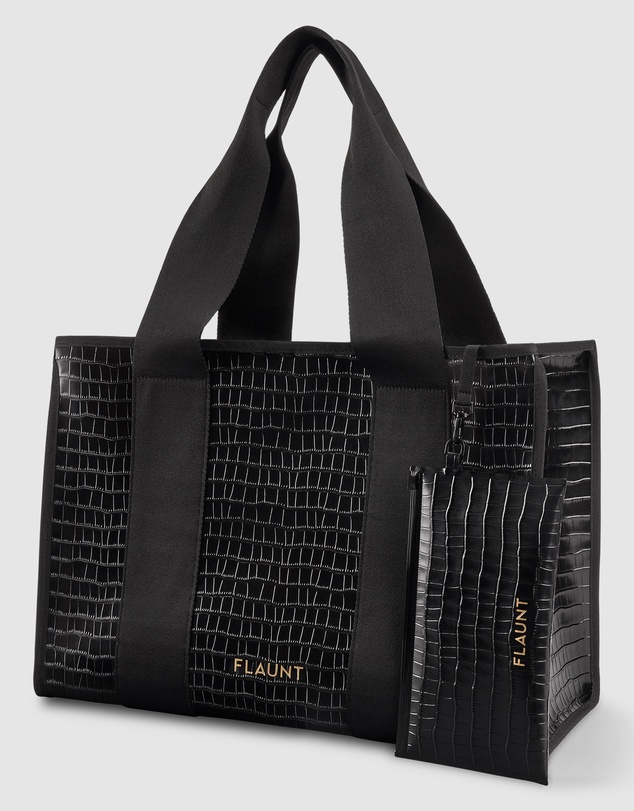 Flaunt - Flaunt Black Crocodile Faux Everyday Tote w/ Pouch