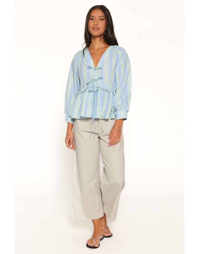 Petal & Pup - Benny Puff Sleeve Top - Green/Blue Stripe
