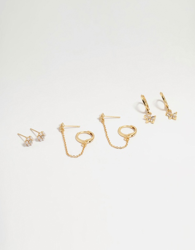 Lovisa - Gold Plated Brass Flower Chain Earrings 4-Pack