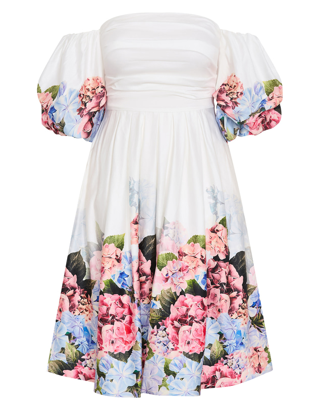 City Chic - Plus size Rosa Border Print Puff Sleeve Midi Dress - white