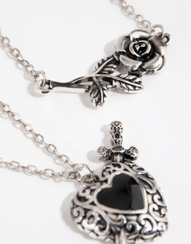 Lovisa - Antique Silver Enamel Heart Layered Necklaces