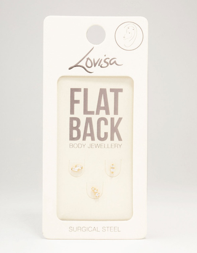 Lovisa - Gold Plated Surgical Steel Double Baguette Flat Back 3-Pack