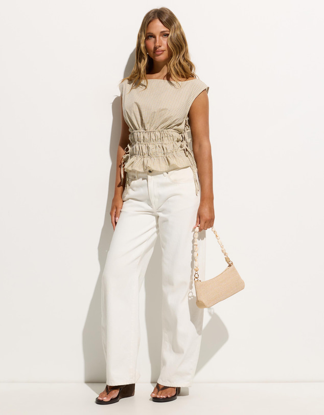 Dazie - Emerson Boat Neck Check Shirred Top