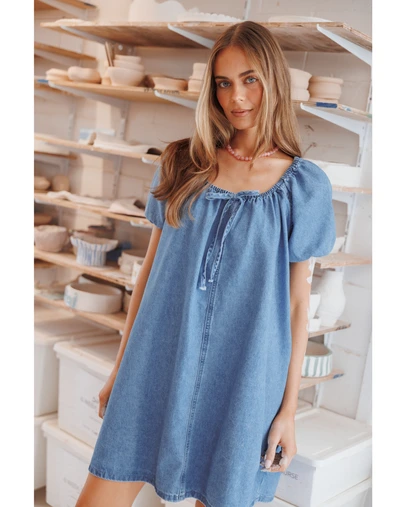 Petal & Pup - Farren Mini Dress - Mid Wash Denim Blue