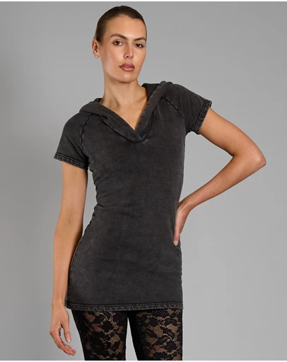 Love and Nostalgia - Taylor Hooded Cotton Fleece Dress- Black Acid Wash
