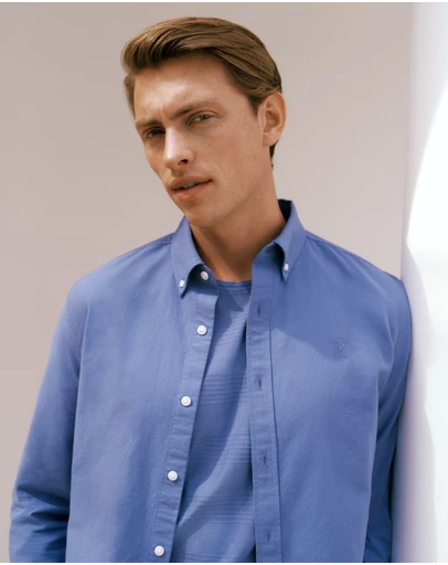 Trenery - Regular Fit Monogram Oxford Shirt in Dusty Blue