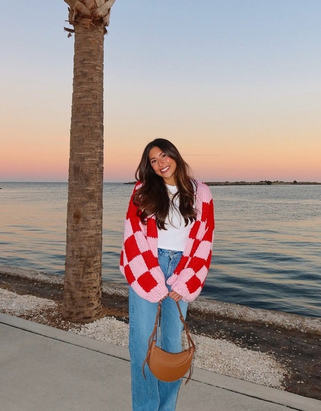 Beginning Boutique - Envi Pink And Red Checkered Knit Cardigan