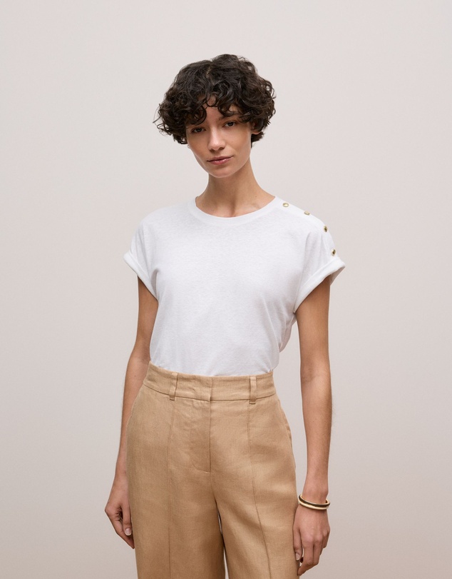 Trenery - Linen Cotton Button Detail T-shirt in White