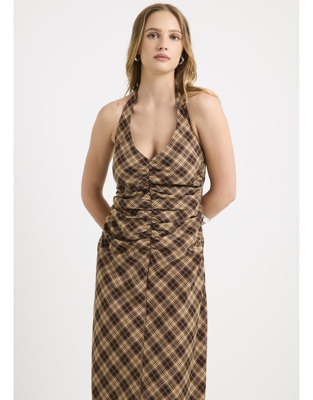 Insight - Kiera Ruched Check Halter Maxi Dress