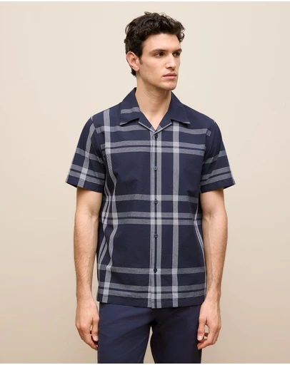 Trenery - Seersucker Check Camp Shirt in Navy