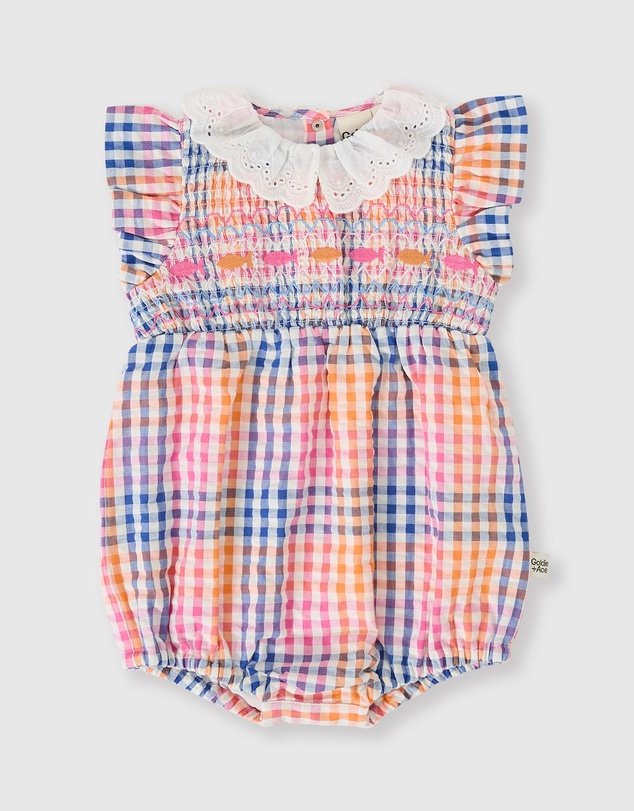 Goldie + Ace - Rainbow Gingham Lani Smocked Romper - Babies