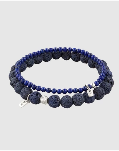 Kuzzoi - ICONIC EXCLUSIVE - Lapis Lazuli and Lava Bead Bracelet Set in 925 Silver