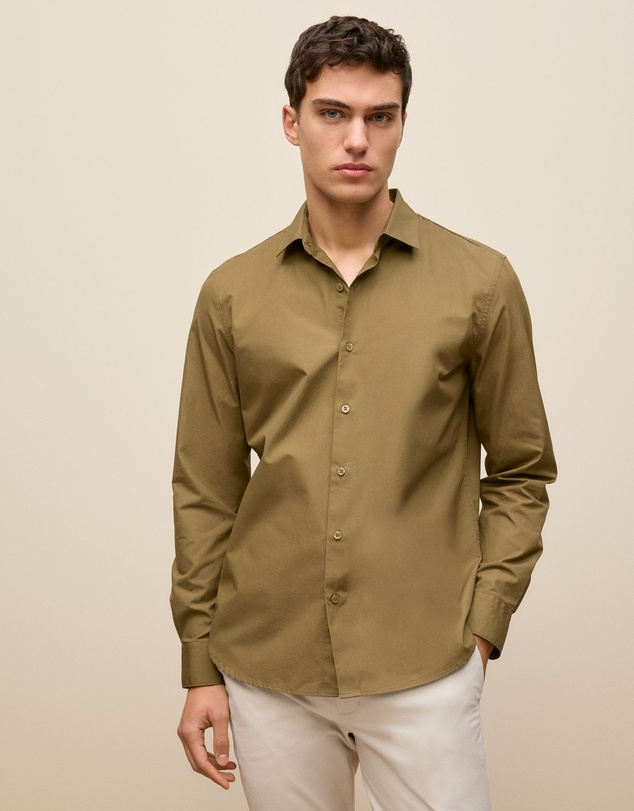Trenery - Tailored Fit Cotton Poplin Shirt in Dark Khaki
