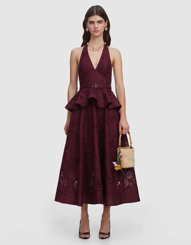 Self Portrait - Linen Peplum Midi Dress