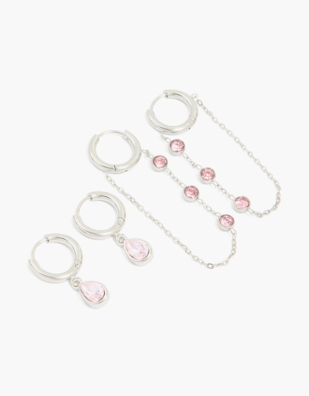 Lovisa - Waterproof Stainless Steel Pink Cubic Zirconia Chain Droplet & Classic Huggie Earrings 2-Pack