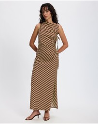 TOPSHOP - Topshop Ruched Side Gathered Shoulder Midi Dress In Brown Lime Stripe