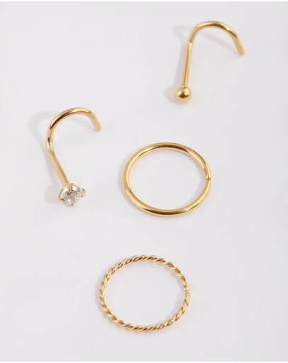 Lovisa - Gold Plated Surgical Steel Diamante Twisted Nose Ring 4-Pack
