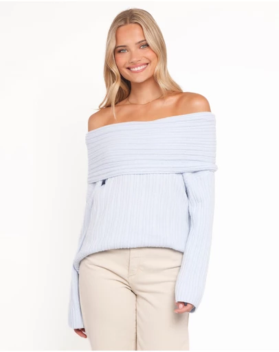 Petal & Pup - Kenny Off Shoulder Knit Sweater - Pale Blue