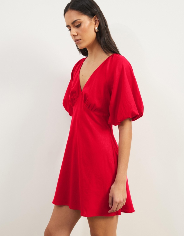 Atmos&Here - Kelly Linen Blend Puff Sleeve Mini Dress