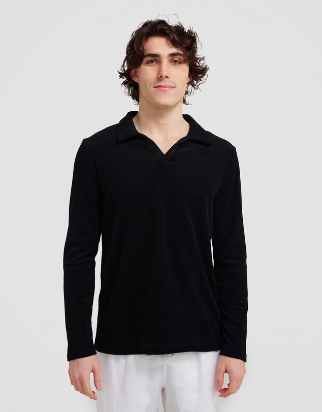 Vacay Swimwear - L/S Black Terry Polo