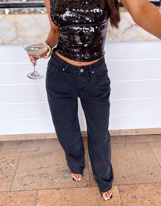 Beginning Boutique - She's Yours Black Wide Leg Boyfriend Jeans
