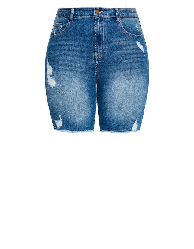City Chic - Distressed Longline Denim Short - Mid Wash