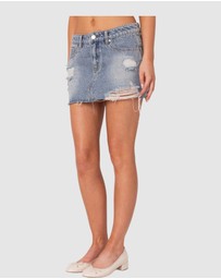 EDIKTED - Ginnie Low Rise Distressed Denim Mini Skirt