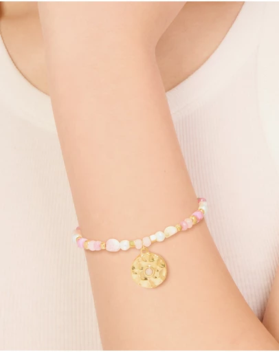 Lovisa - Waterproof Gold Plated Stainless Steel Rose Quartz Semi Precious Coin Bracelet