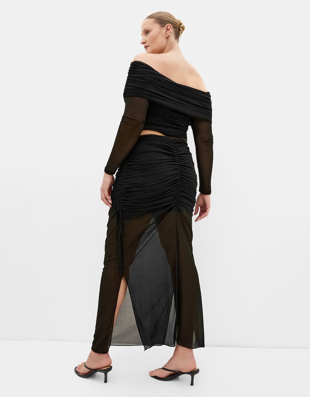 City Chic - Plus size Shelly Side Gather Mesh Skirt - black