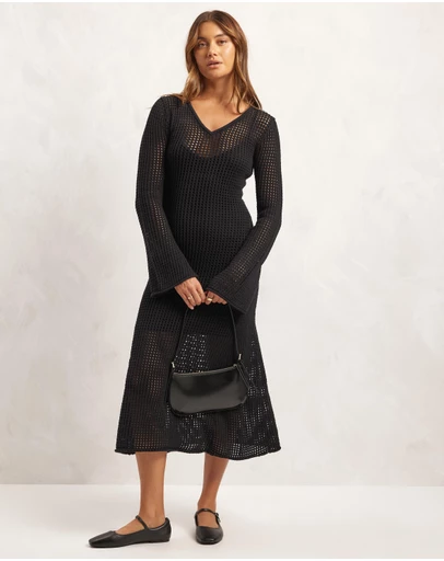 AERE - Open Knit Lined Flared Sleeve Panelled Skirt Midi Dress