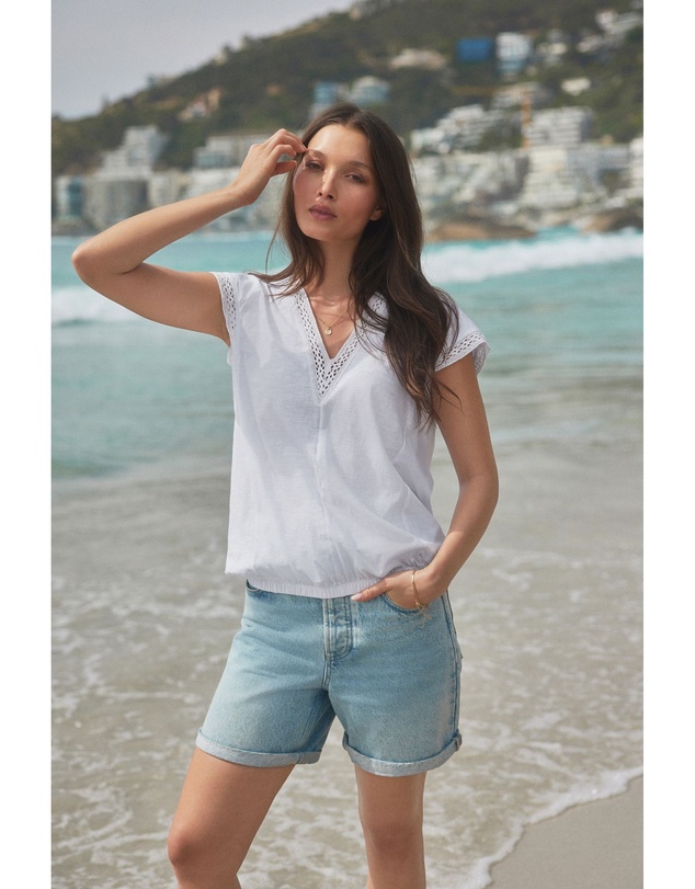 NEXT - Short Sleeve Lace V-Neck Bubblehem 100% Cotton Top