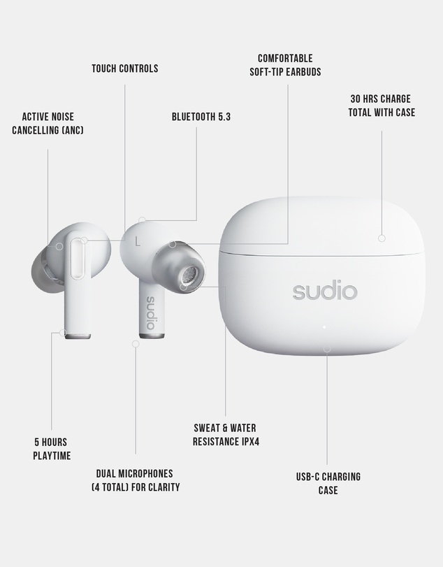 Sudio - A1 Pro - True Wireless Bluetooth 5.3 Headphones/Earbuds, Active Noise Cancelling