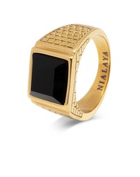Nialaya Jewellery - Men's Golden Brick Signet Ring With Agate