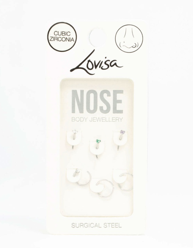 Lovisa - Surgical Steel Pastel Cubic Zirconia Nose Stud & Ring 6-Pack