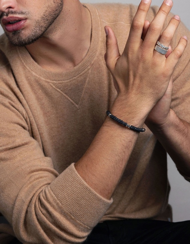Nialaya Jewellery - Men's Hexagon Beaded Bracelet with Black Onyx and Silver