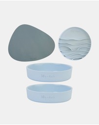 Lilly + Dash - Cat Eat and Drink Set – 2 Bowls + Lick Insert + Blue Placemat