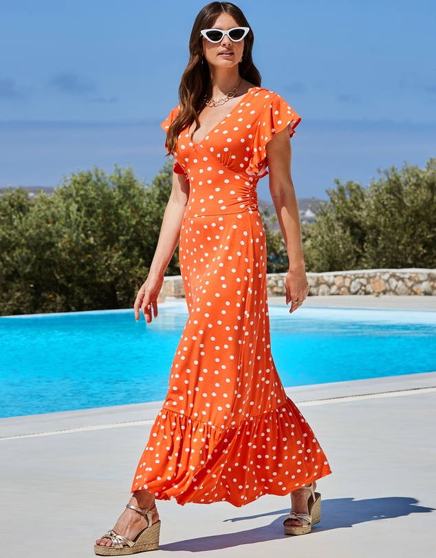 Sosandar - Spot Print Ruffle Detail Maxi Dress