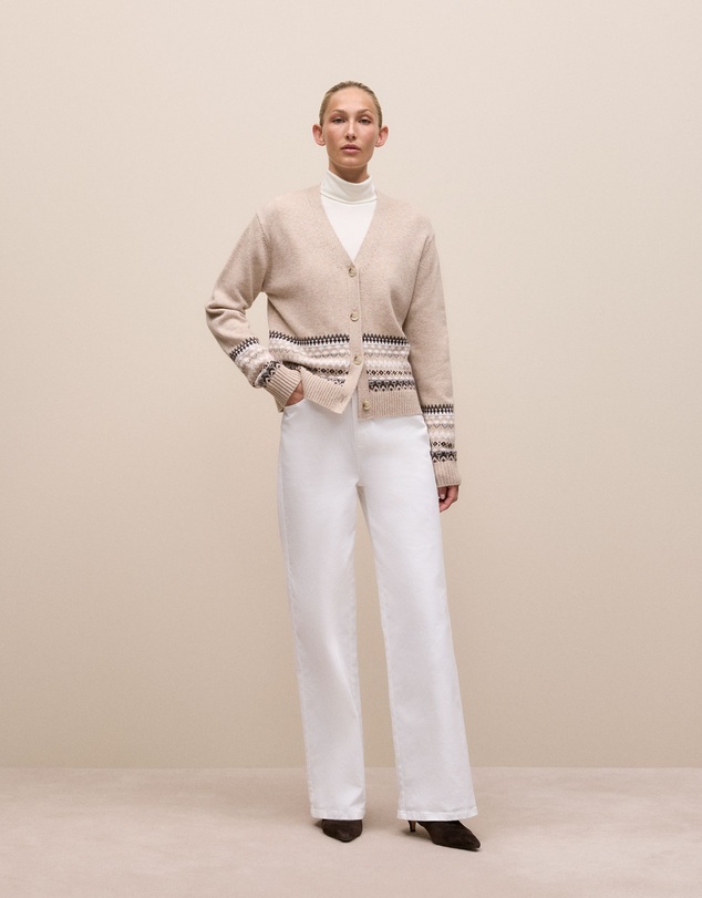 Trenery - Merino Cashmere Fair Isle Cardigan in Oat Marle